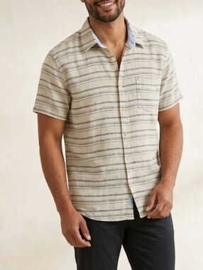 Ben Sherman Club Room Beige Short-Sleeve Button-Down with Navy Stripes